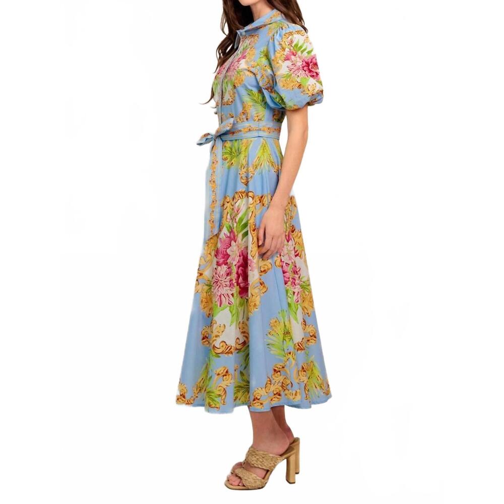 NEW FLYING TOMATO versailles garden midi dress in light blue multi - Picture 4 of 7
